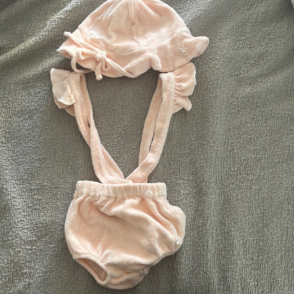 Tocoto vintage.  Worn once.  12 month pink terry cloth romper and sunhat.